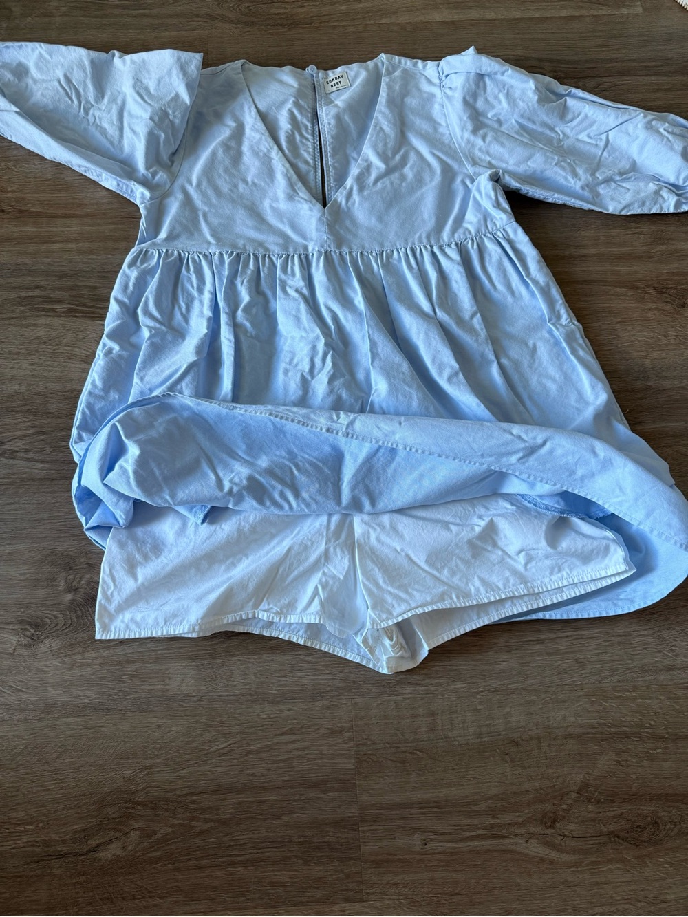 Sunday Best Pale Blue V-Neck Mini Dress with Puff Sleeves - Picture 5 of 5